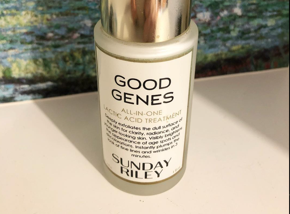 Sunday Riley Good Genes Lactic Acid Treatment bottle on a counter